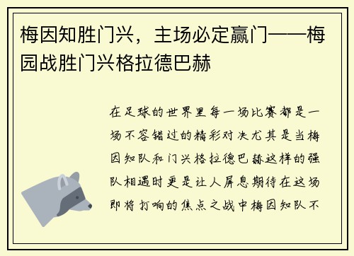 梅因知胜门兴，主场必定赢门——梅园战胜门兴格拉德巴赫