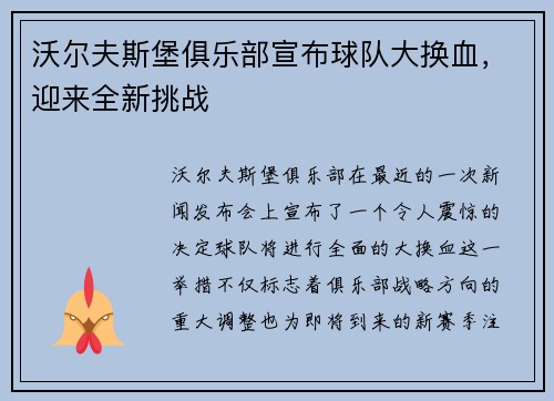 沃尔夫斯堡俱乐部宣布球队大换血，迎来全新挑战